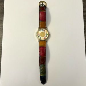 CHEGAE Vintage Gold Tone Rainbow Patch Print Authentic Leather Wrist Watch
